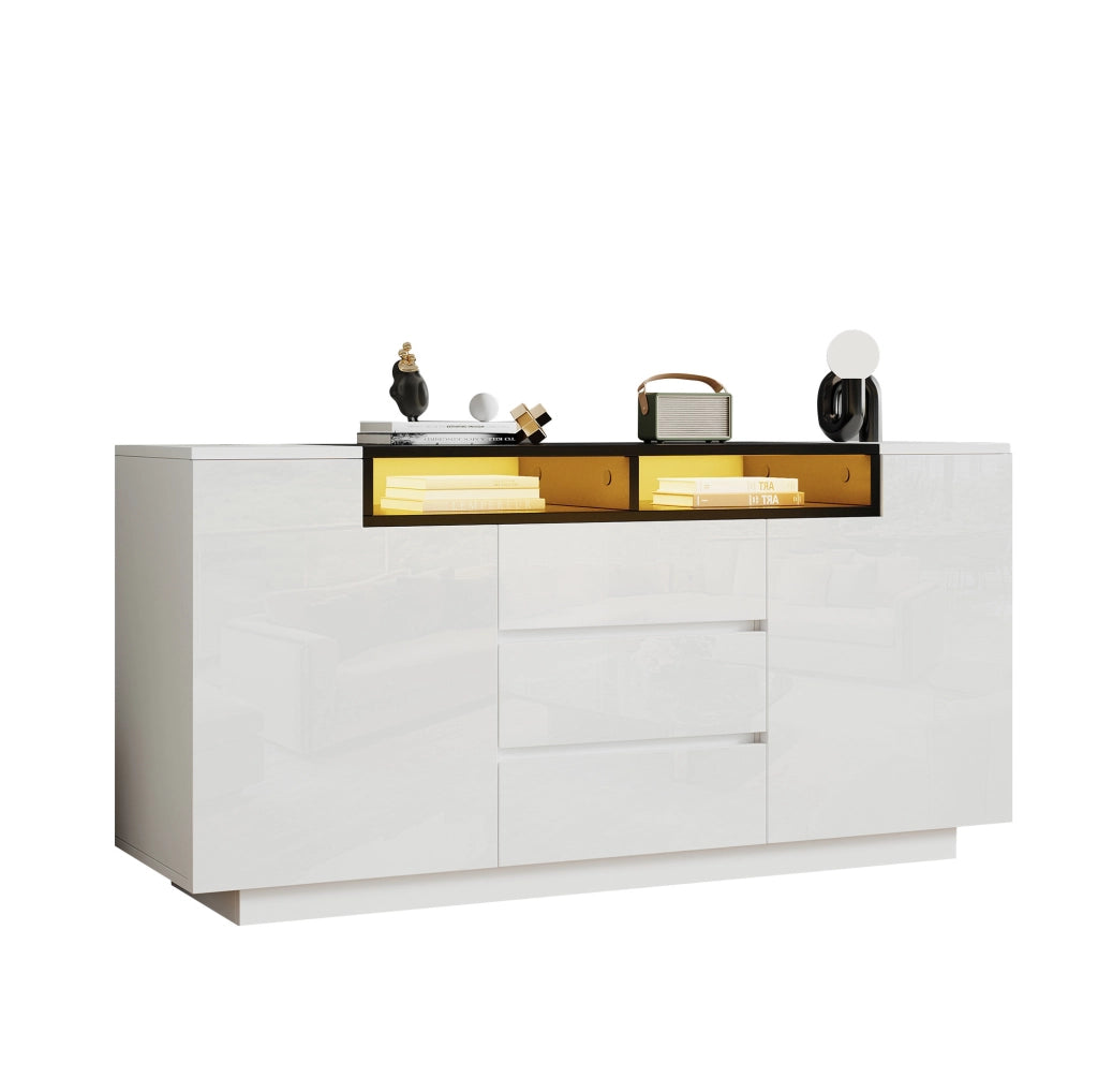 Credenza 140x40x68 cm con LED e ripiani regolabili in truciolato bianco e nero