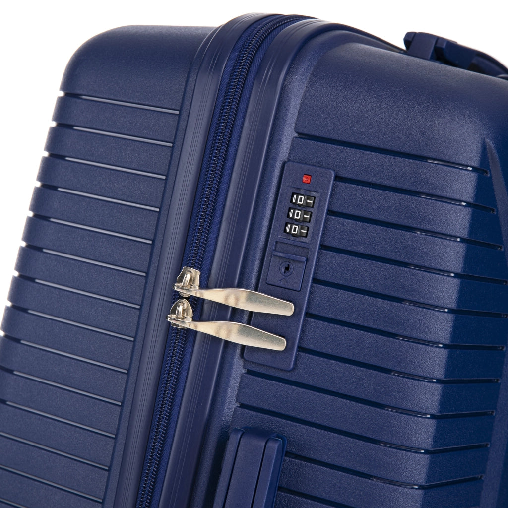 Set di 3 valigie rigide con ruote girevoli a 360 gradi manici laterali ganci e chiusura a combinazione blu