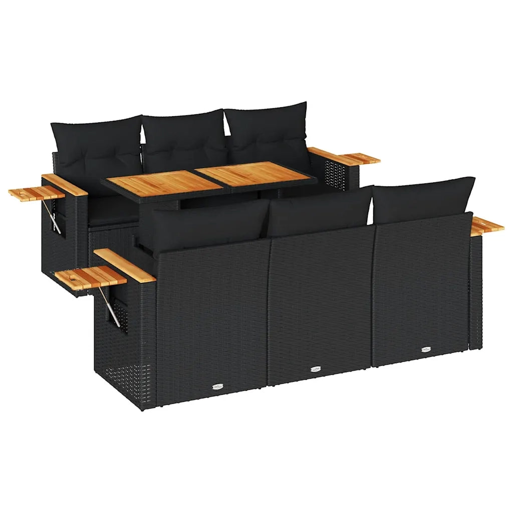 Set Divani da Giardino con Cuscini 7pz Nero Polyrattan Acacia