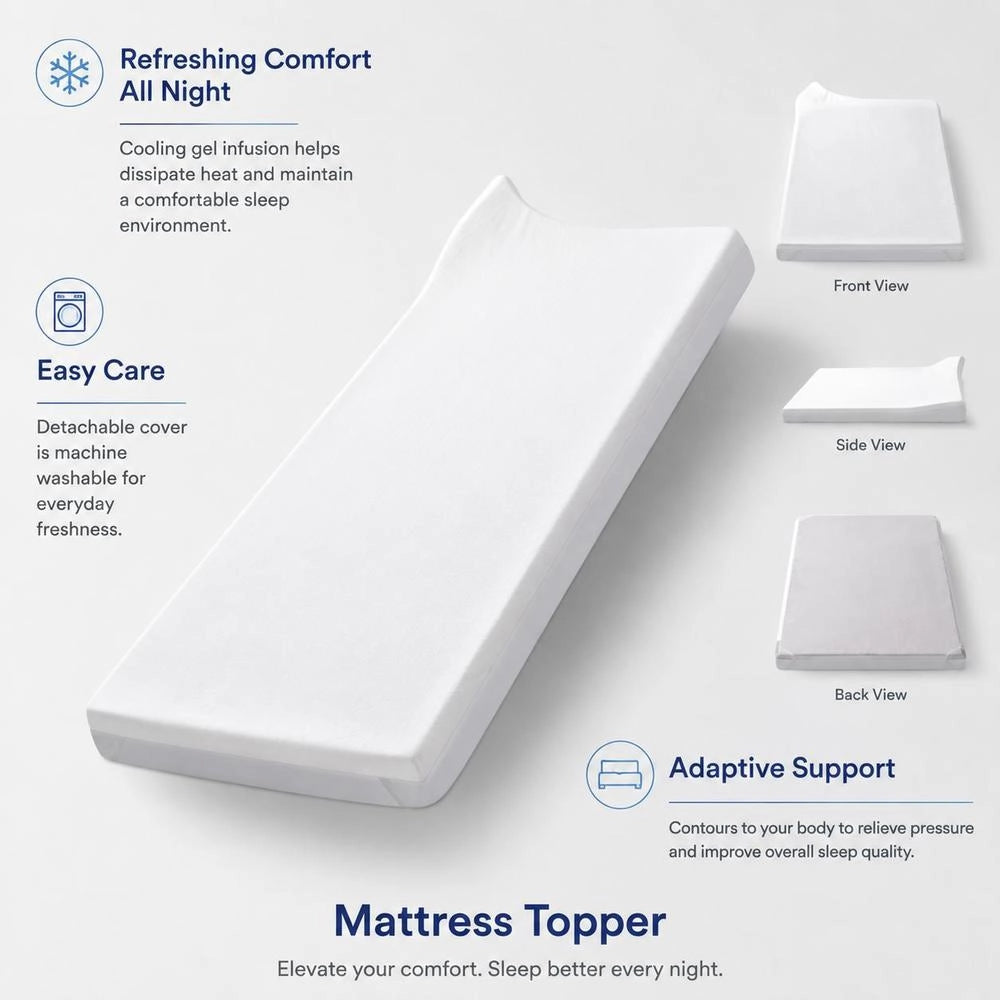 Mattress Topper, Queen Size, 76.2 Mm Thick, Soft Memory Foam Layer, Premium Cooling Gel Infusion, Removable And Washable Cover, Compressed Package For Quick Setup, Comfortable Support For Any Bed