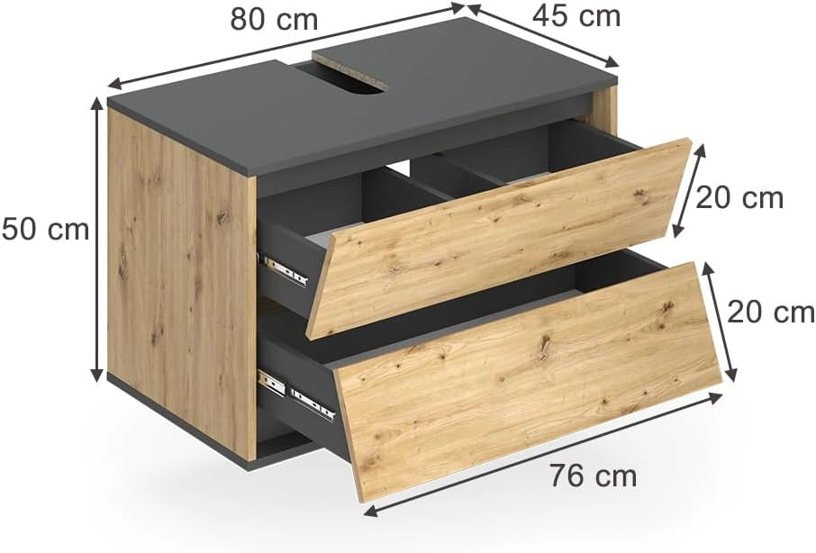 Mobile sottolavabo per bagno Edelin, Antracite/Artisan, 80 x 50 cm con 2 cassetti