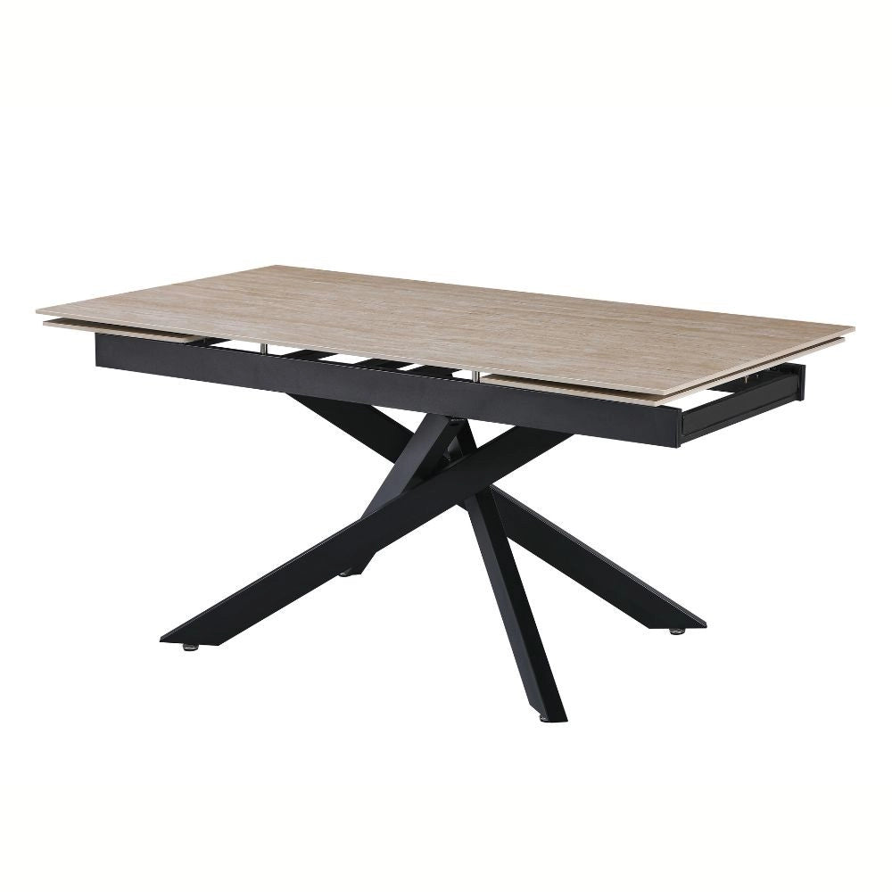 Tavolo allungabile Trivia con piano in ceramica effetto marmo Travertino e gambe in metallo nero 160x90x75.5H