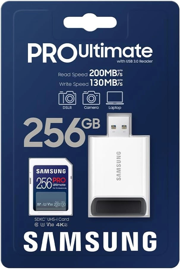 PRO Ultimate Scheda SD 256 GB, UHS-I U3, Full HD & 4K UHD, 200 MB/s di lettura, 130 MB/s di scrittura, scheda di memoria per fotocamera, PC, drone o action cam, incl. lettore di schede USB