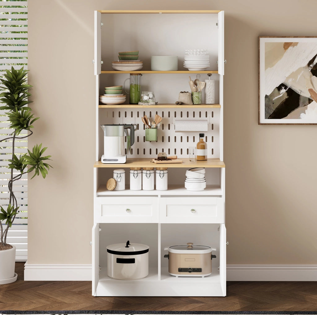 Sideboard 80x40x175 cm con pannello forato e ante stile fienile in MDF e pannelli di particelle bianco e naturale