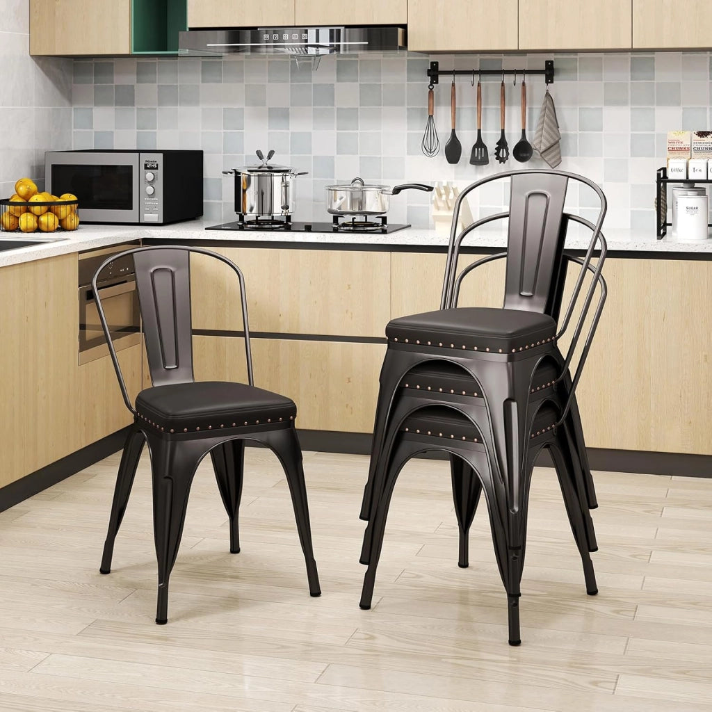 4 Sgabelli Cucina 53 x 44 x 84 cm, Sedie Impilabili con Schienali Rimovibili e Sedile Imbottito in Finta Pelle, Sgabelli in Metallo per Ristorante, Bistro e Bar (Colore Ruggine)