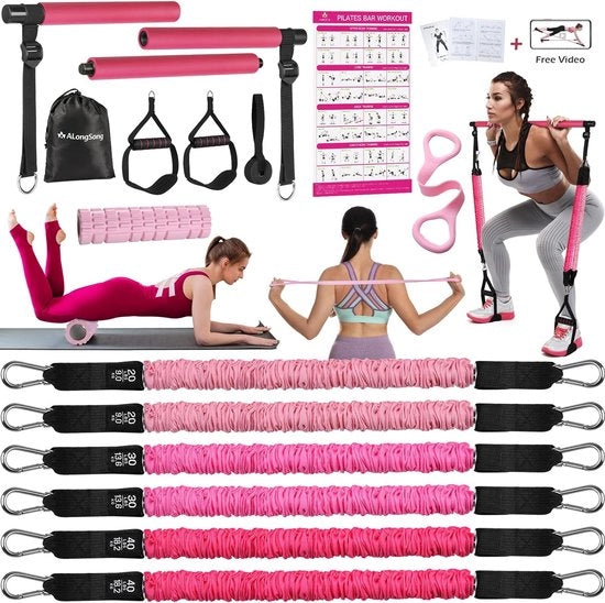 Impianto di Pilates con 6 Cinture di Resistenza in Gomma Elastica - Barra di Pilates Portatile per Allenamento a Casa Fitness Yoga Stiro - Piastra di Sollevamento da 82kg/113kg