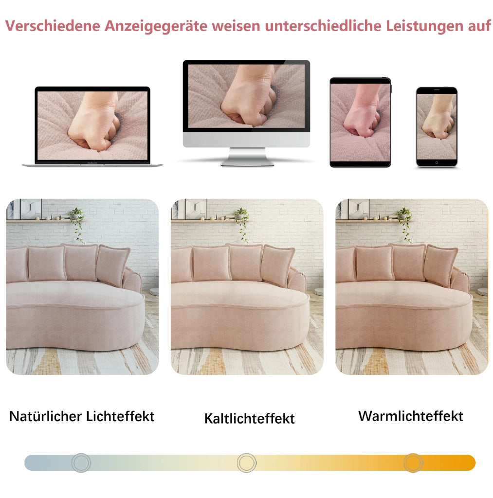 Divano modulare senza struttura in tessuto chenille rosa; con chaise longue profonda e cuscini