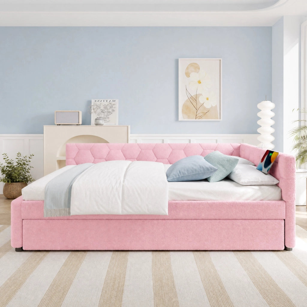 Daybed rosa 140x200 cm con letto estraibile, USB e luce