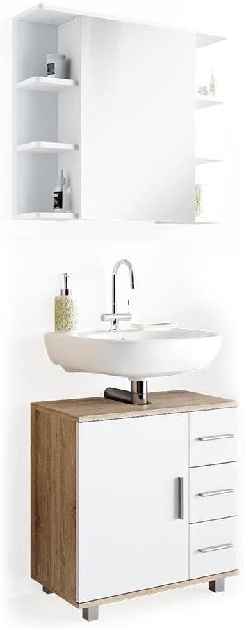 Set mobili bagno Ilias, Sonoma, 60 cm, composto da specchio da bagno e mobile sottolavabo