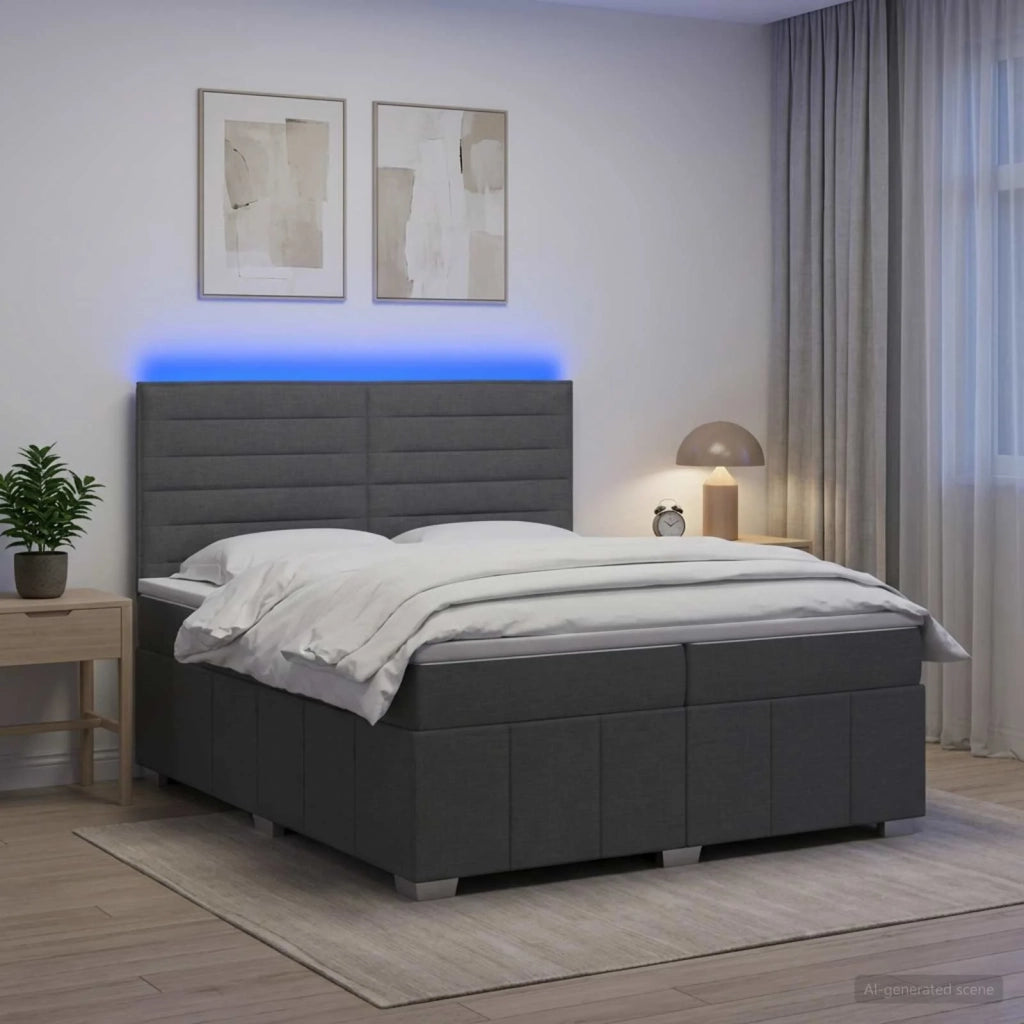 Letto Box Spring LED con Materasso Grigio Scuro 200 x 200 cm 3455676