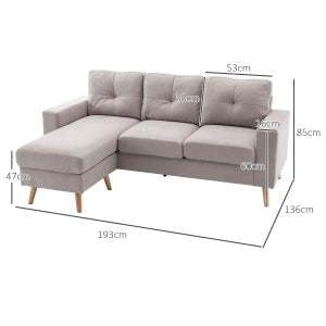 Divano angolare reversibile in tessuto con chaise longue, cuscini sfoderabili e struttura in legno, grigio chiaro