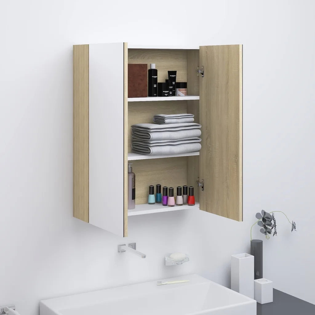 Armadietto a Specchio per Bagno-Mobile bagno con specchio 60x15x75 cm MDF Bianco e Rovere