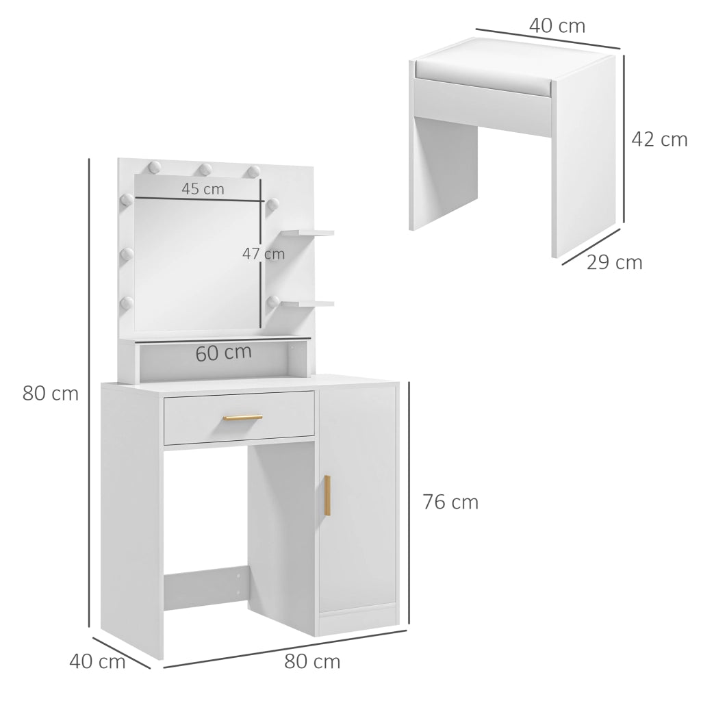 Cassettiera da trucco con specchio LED e sgabello ¨C zephmum ¨C bianco 60x40x