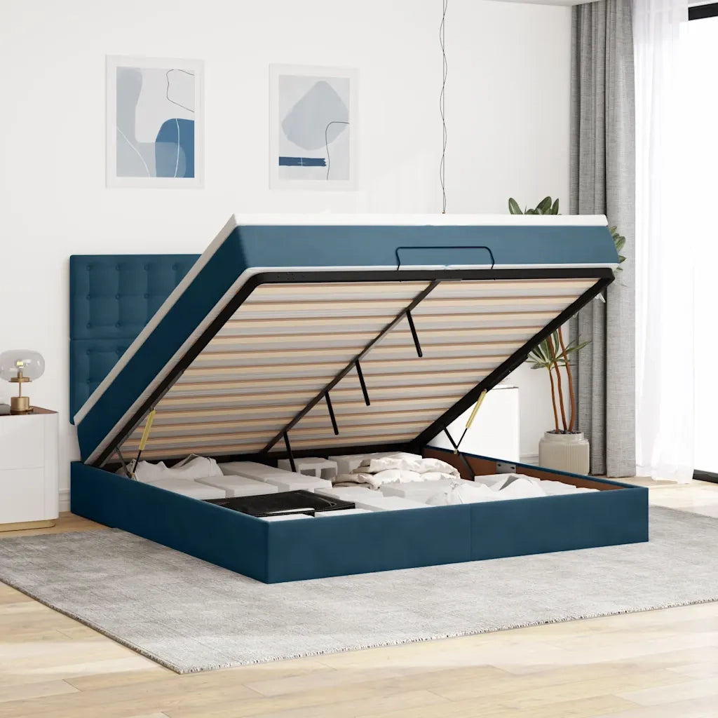 Pouf Letto con Materassi e LED Blu Scuro 200x200cm Velluto