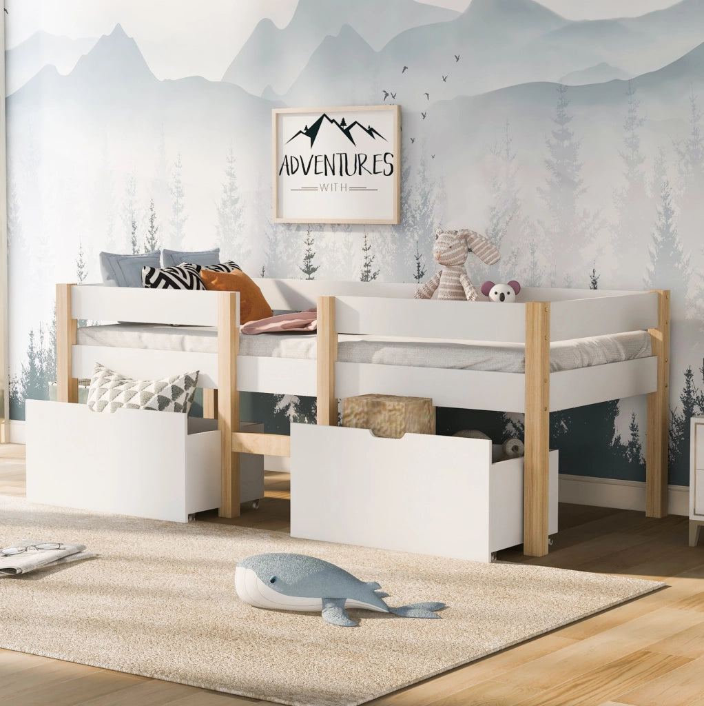 Letto a soppalco semi-alto per bambini 90x200 cm in legno massello di pino bianco