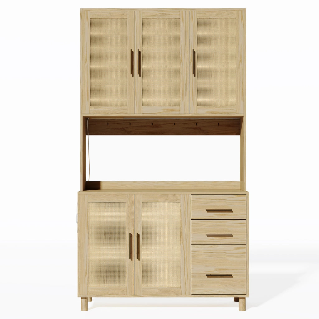 Mobile Dispensa 100x40x183 cm Effetto Legno con LED App; 2 Prese; 2 USB; 3 Cassetti e Ante Rattan