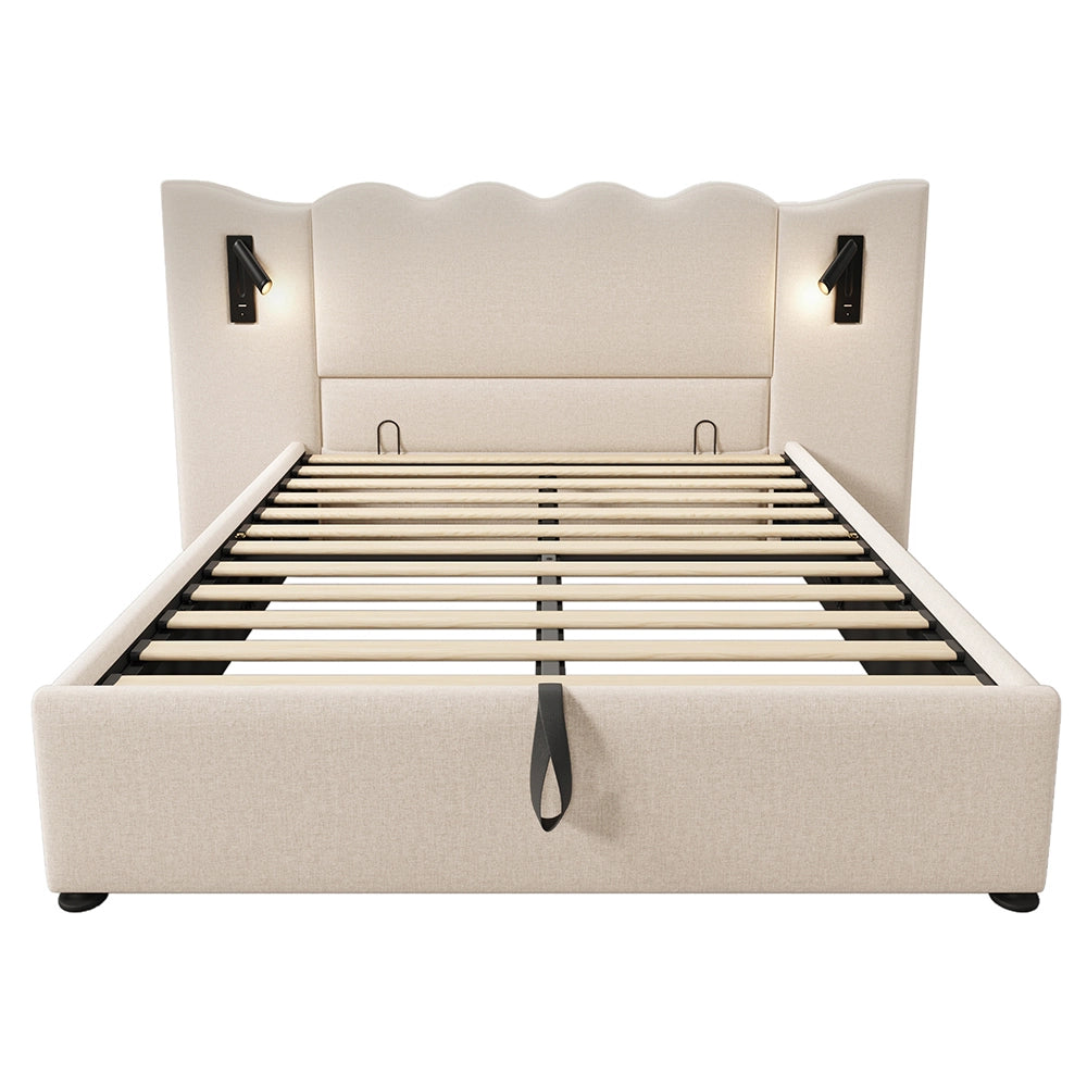 Letto matrimoniale con materasso - Xylo - 160x200 cm - Beige - Luce lettura USB-C