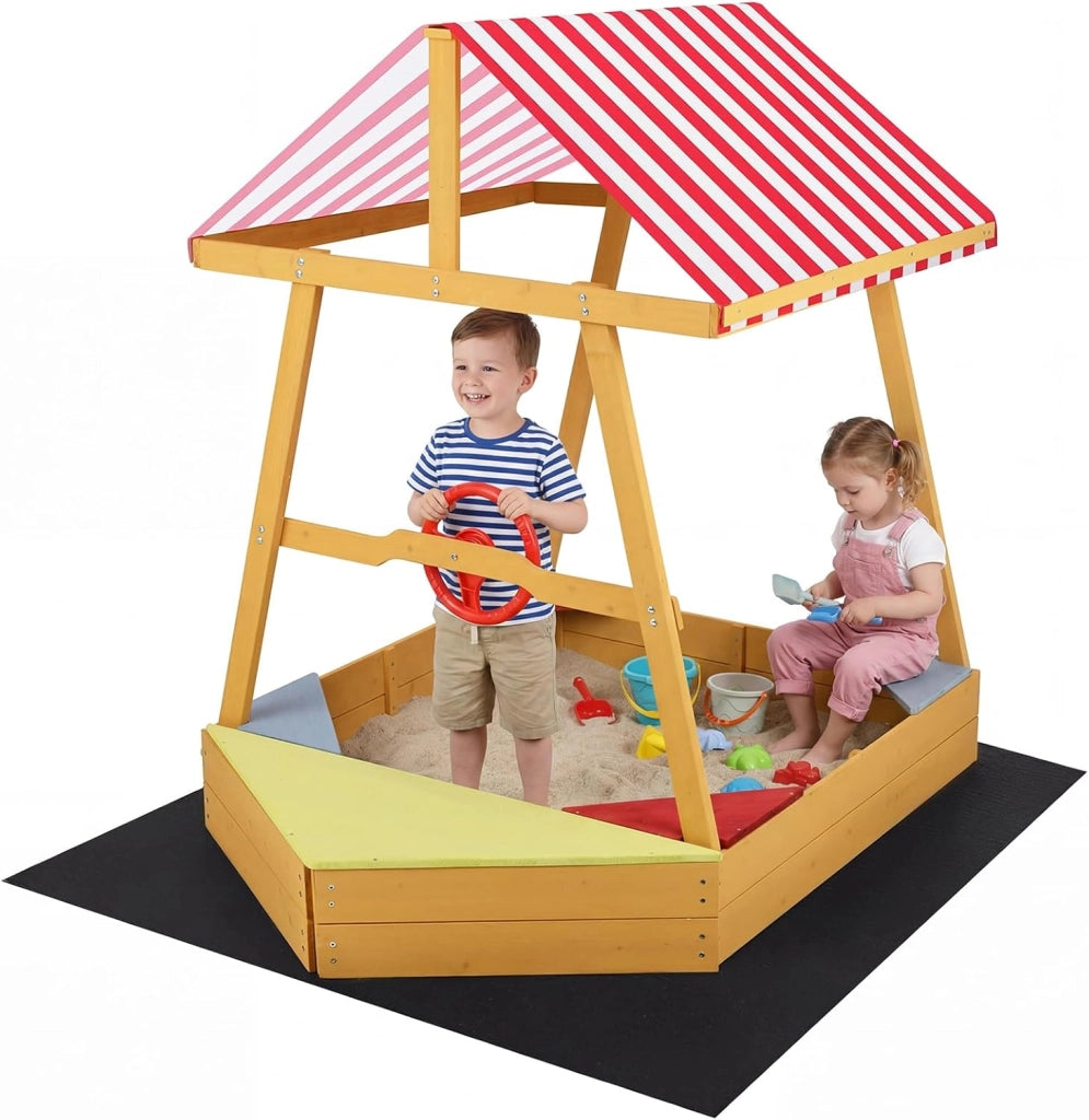 Sabbiera per Bambini in Legno Massello, Sabbionaia con Tetto Parasole, Panca Sedile e Fodera, Forma di Barca, per Esterno, Spiaggia, Cortile e Giardino, 135x103x140 cm