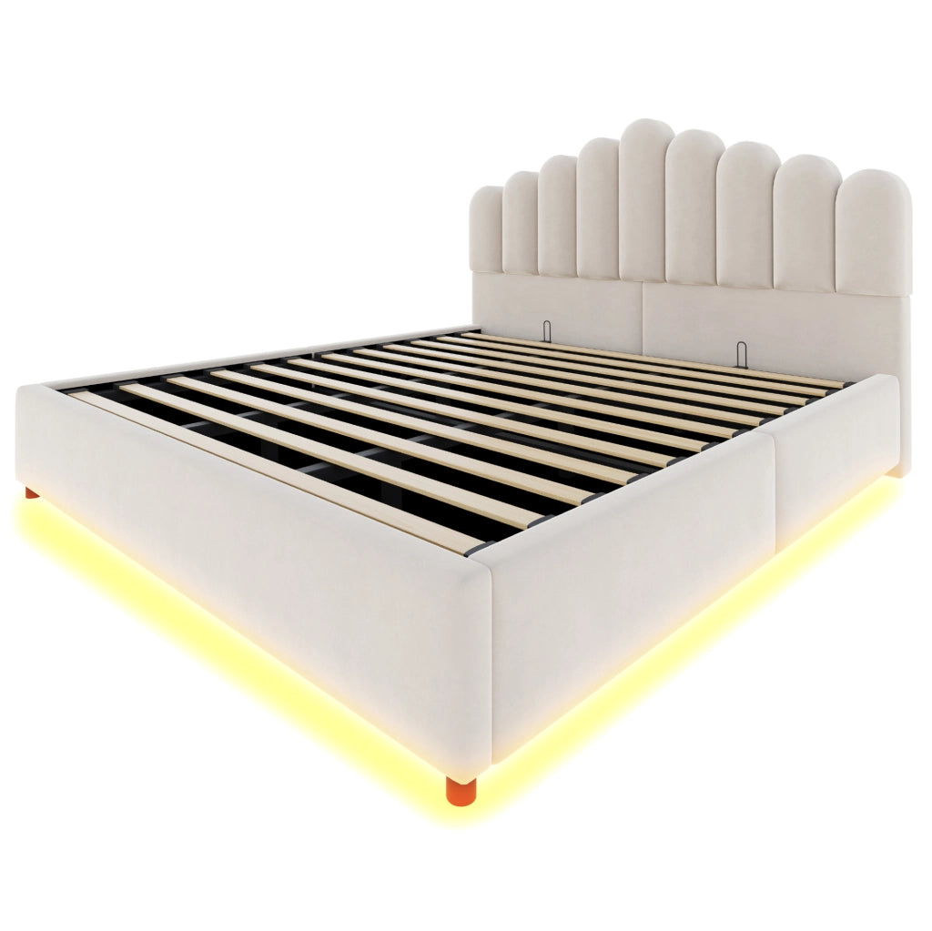 Letto imbottito beige 180 x 200 cm con vano contenitore e illuminazione LED