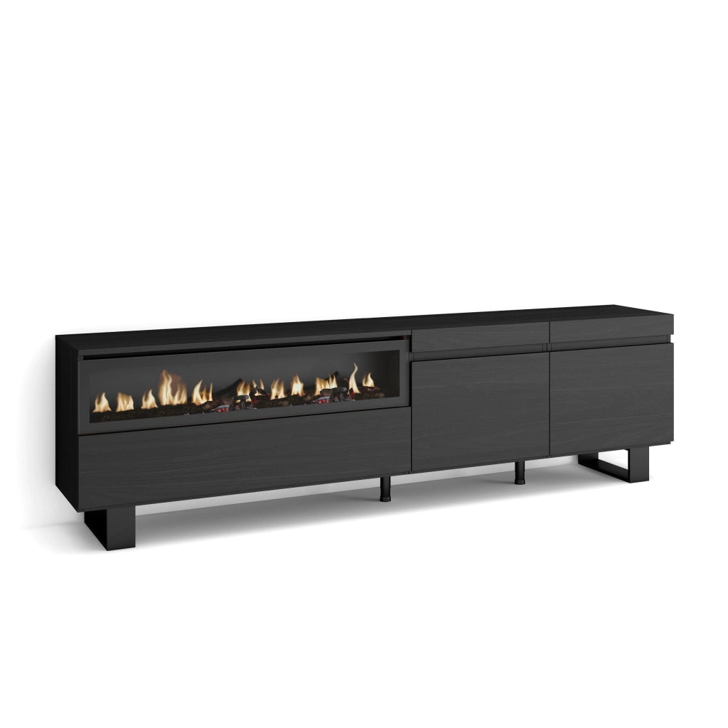 Mobile TV, 200x35x57cm, soggiorno, Per TV fino a 80", Camino elettrico, Design industriale, Nero RF2182