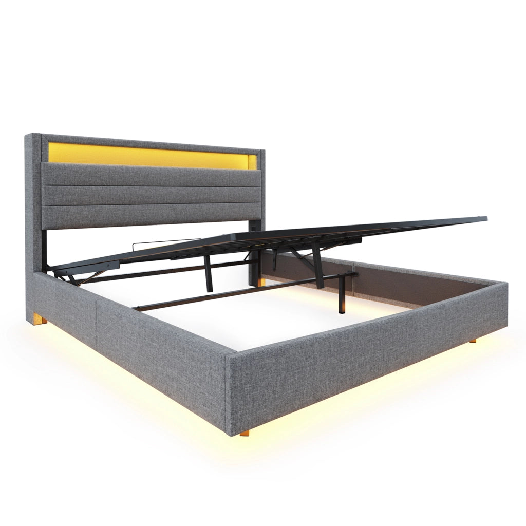 DESMIU Lit Contenitore 140 × 200 cm 2 posti con USB, LED e vano idraulico, senza materasso, in tessuto, grigio