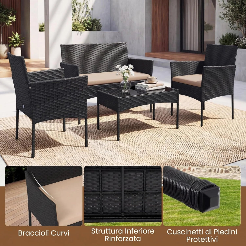 Set Salotto da Giardino 4 Pezzi, Divanetto da Esterno in Rattan PE con 2 Poltrone e Tavolino con Piano in Vetro Temperato, Cuscini Imbottiti e Telaio Metallo per Terrazzo e Balcone (Giallo)