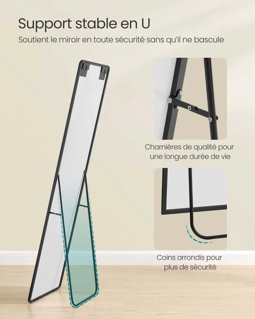 Specchio a figura intera 150 x 40 cm specchio rettangolare autoportante con cornice in lega di alluminio e vetro temperato per camera da letto soggiorno o guardaroba nero 12_0006610