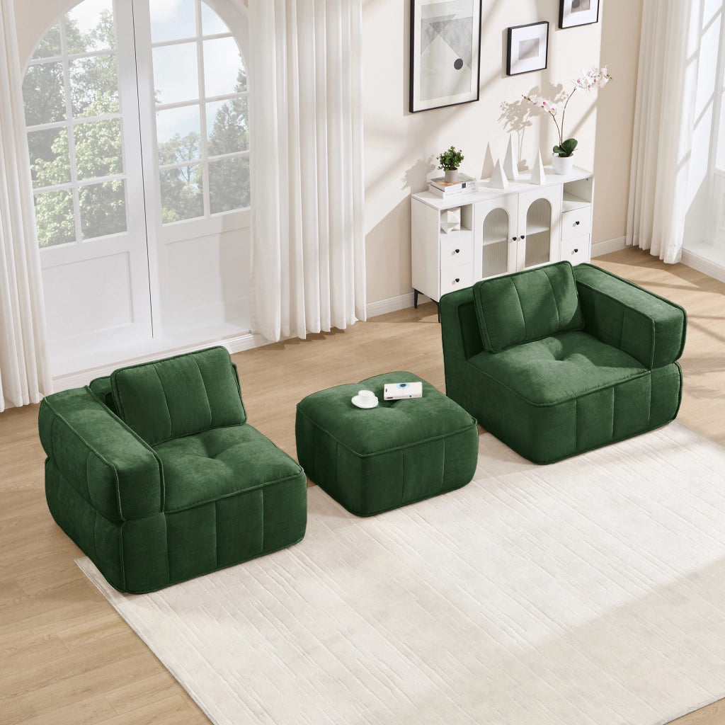 Divano modulare angolare a due posti con pouf in poliestere verde, schiuma 32D e seduta profonda 198 × 162 × 67 cm