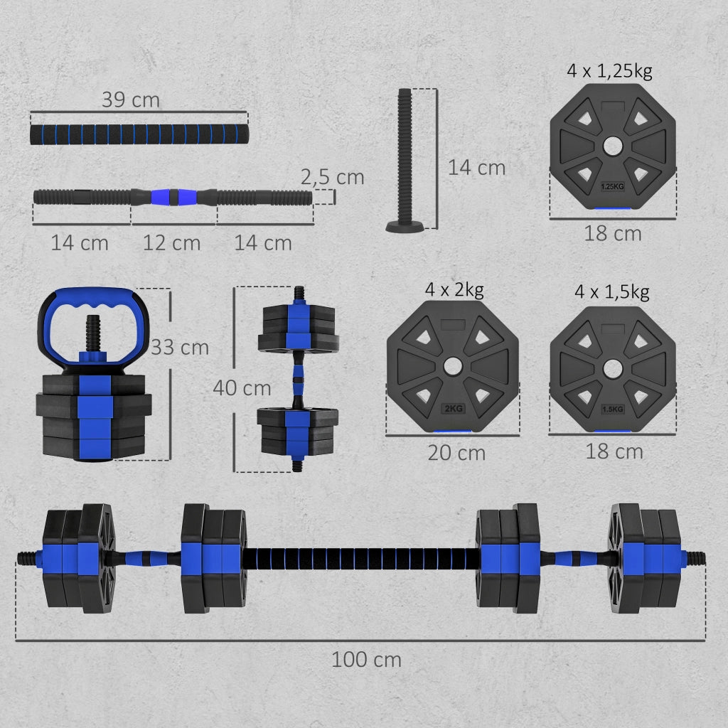 Set di manubri regolabile 6 in 1 20 kg con kettlebell, bilanciere e supporto per push up ¨C zephmum ¨C blu