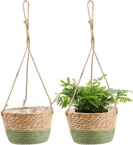 Pacchetto di 2 vasi da fiore appesi, 20 cm maniglia di cotone naturale a maglia a mano, supporto per piante con corda di appoggio lunga, vaso da giardino a forma di alghe per decorazione interna ed esterna