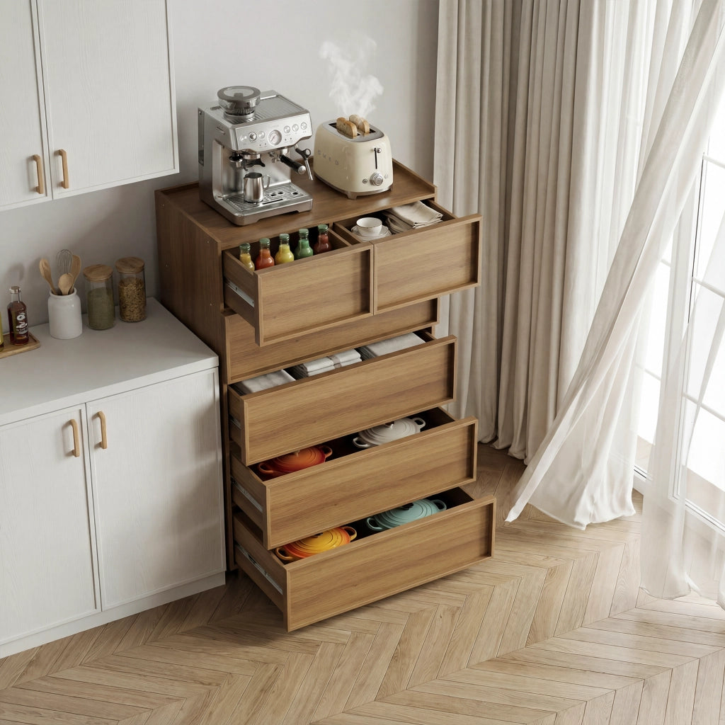 Comò con 6 cassetti, guide metalliche e blocco antiribaltamento per camera da letto e soggiorno, rovere, 80 × 48 × 127 cm