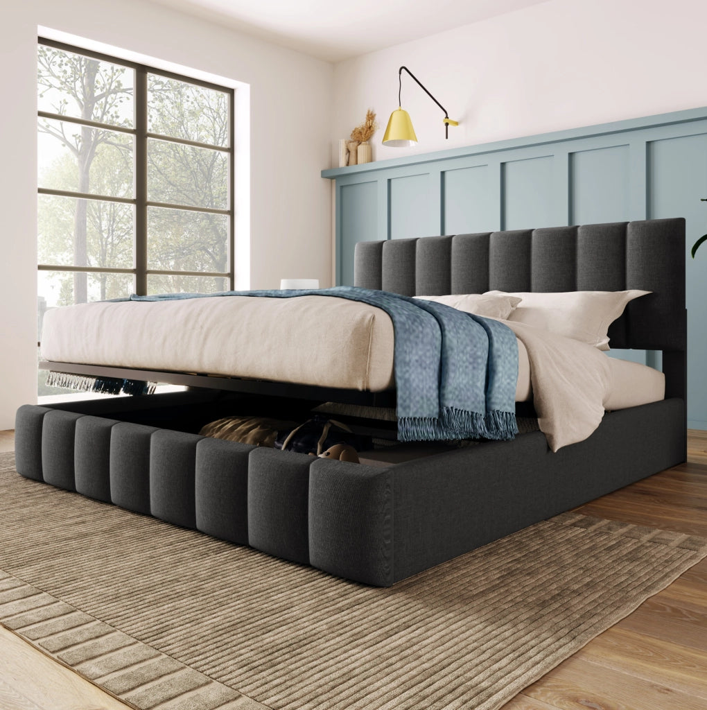 Letto matrimoniale imbottito 140x200 cm grigio con contenitore, rete e materasso H3