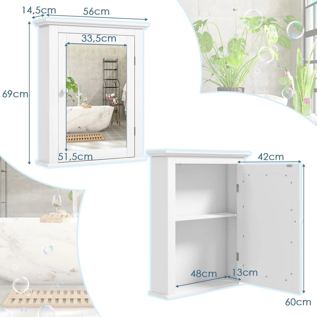 Armadietto Armadio a Specchio da Bagno, Arredo Specchio a Parete Mobiletto da Muro in Legno, Ripiani Regolabili, 56x14x69 cm (Bianco)