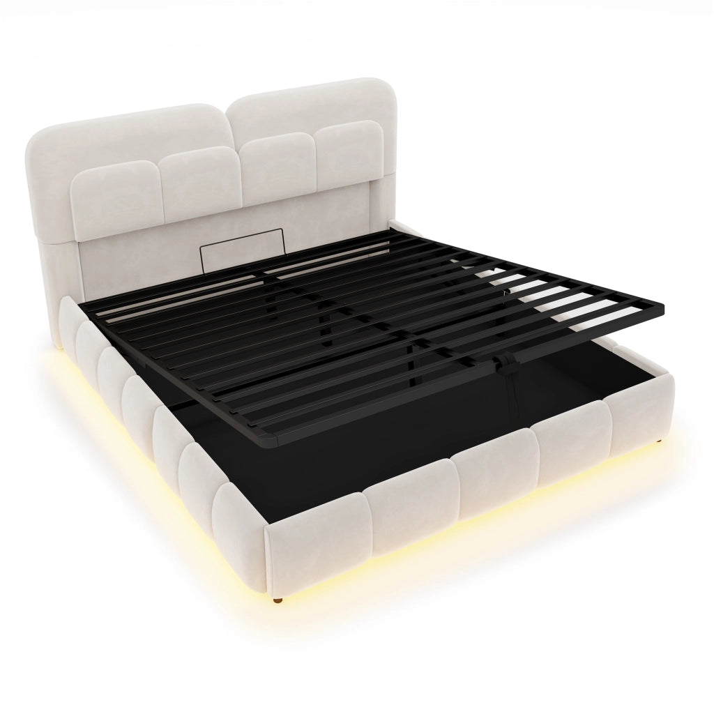 Letto imbottito con contenitore idraulico e LED, 140x200 cm, beige