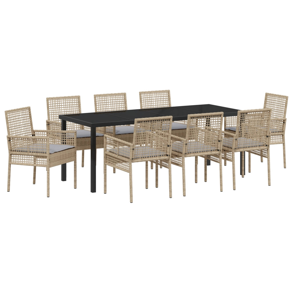 Set da pranzo da giardino da 9 pezzi con cuscini beige in polyrattan