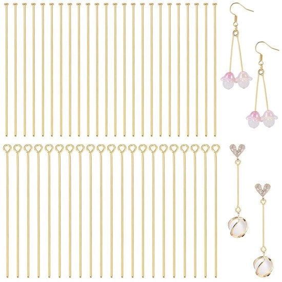 Oggetti per orecchini 200 pezzi - Placca in acciaio inossidabile a testa piatta - Punte in acciaio inossidabile dorato - Creazione di gioielli - 50 mm - Ampie applicazioni - Punte per orecchini
