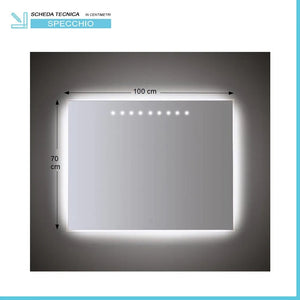 Specchiera LED 100x70 con punti superiori sabbiati e illuminazione perimetrale