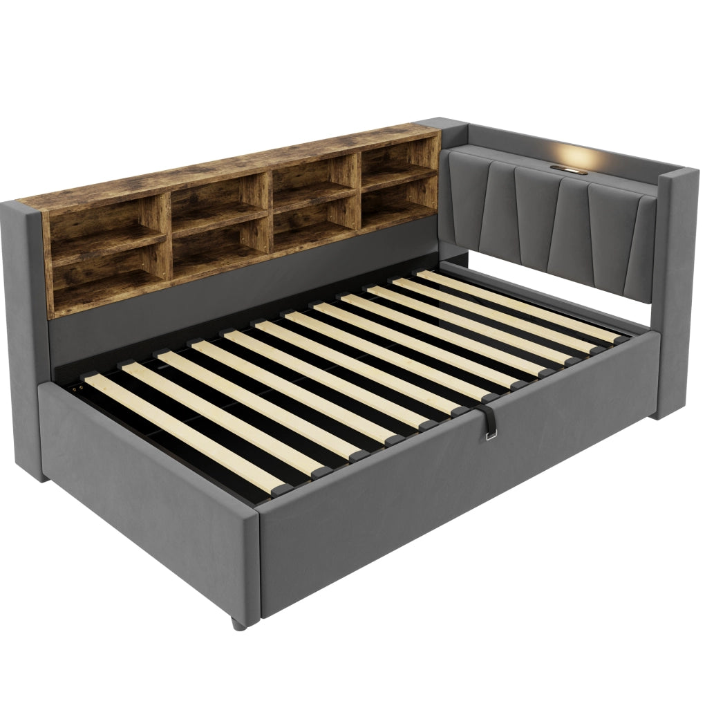 Letto imbottito 90x200 cm; testiera multifunzione con luce e porte USB e Type C; velluto; grigio