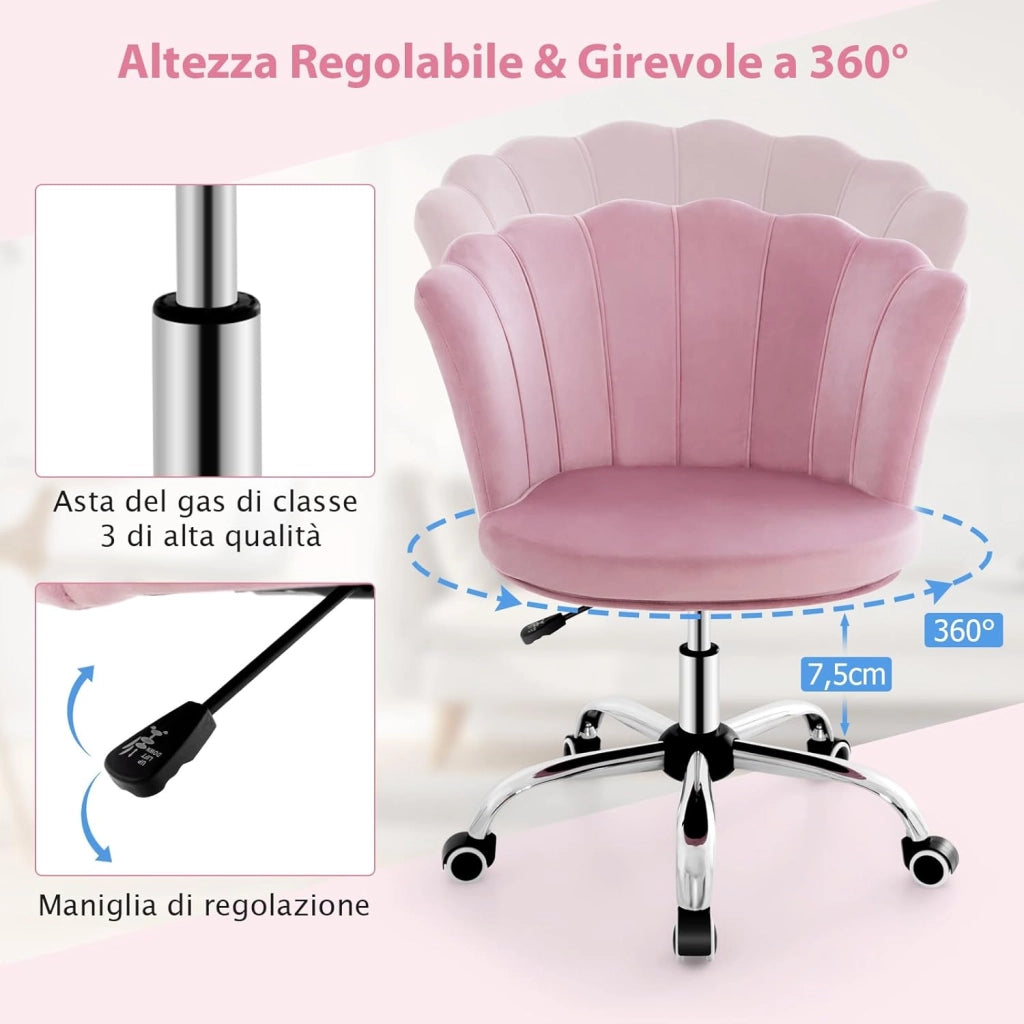 Sedia da Scrivania in Velluto, Poltrona Girevole con Altezza Regolabile, con Schienale a Forma di Petalo e Ruote, per Casa Ufficio, Carico Massimo 150 kg (Rosa)