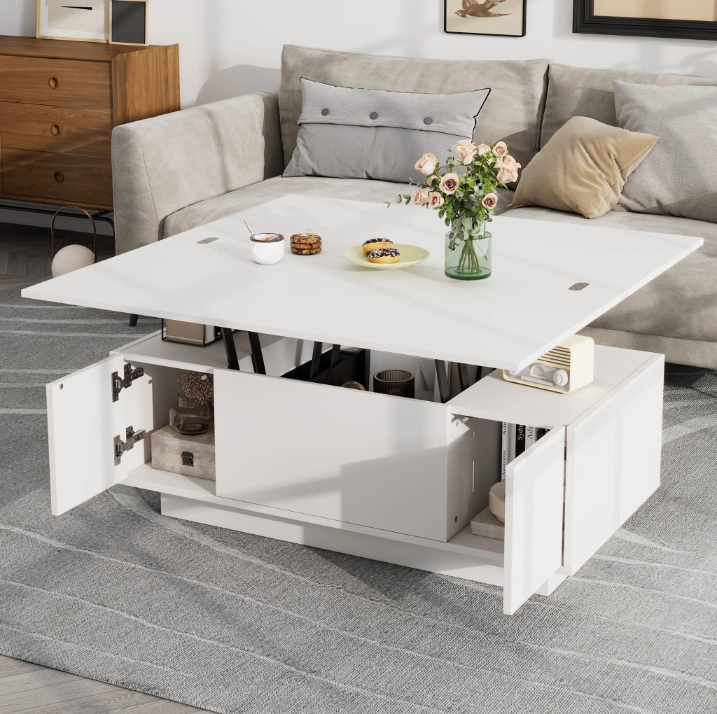 Tavolino da caffè 100x50x43 cm con doppio piano sollevabile; vano nascosto in truciolato bianco