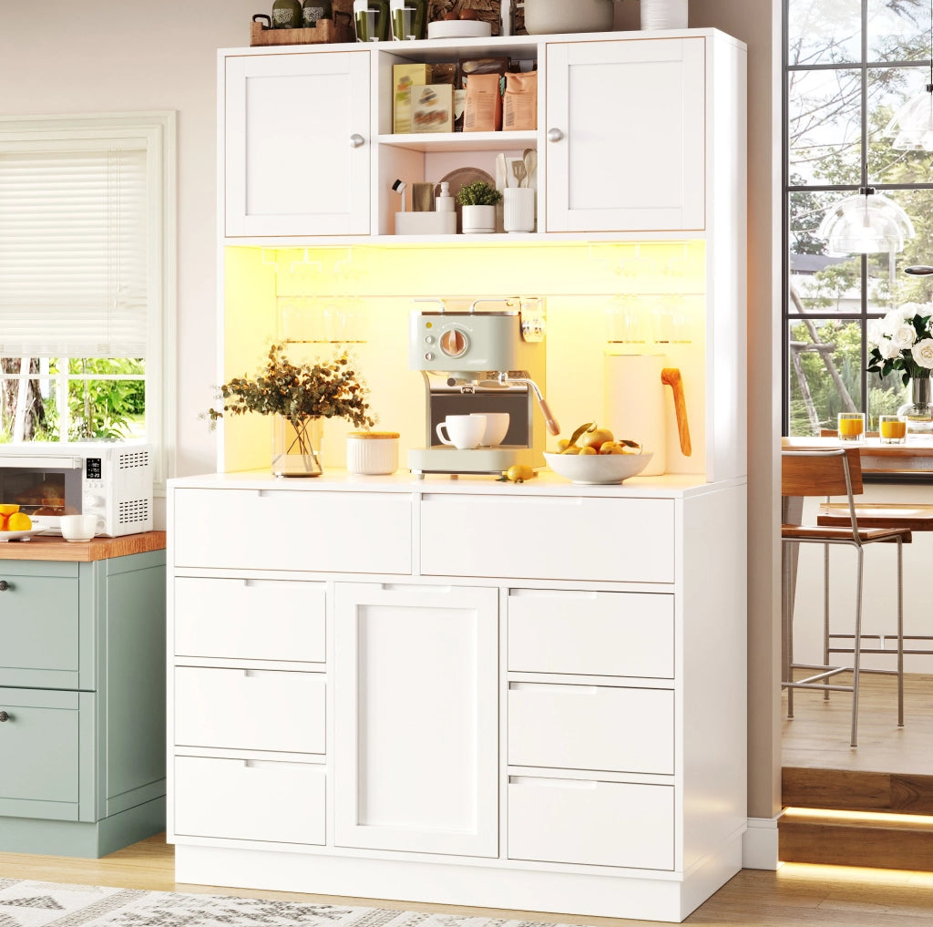 Mobile colonna cucina bianco con LED smart, 8 cassetti e ripiani regolabili, 120×40×183,5 cm