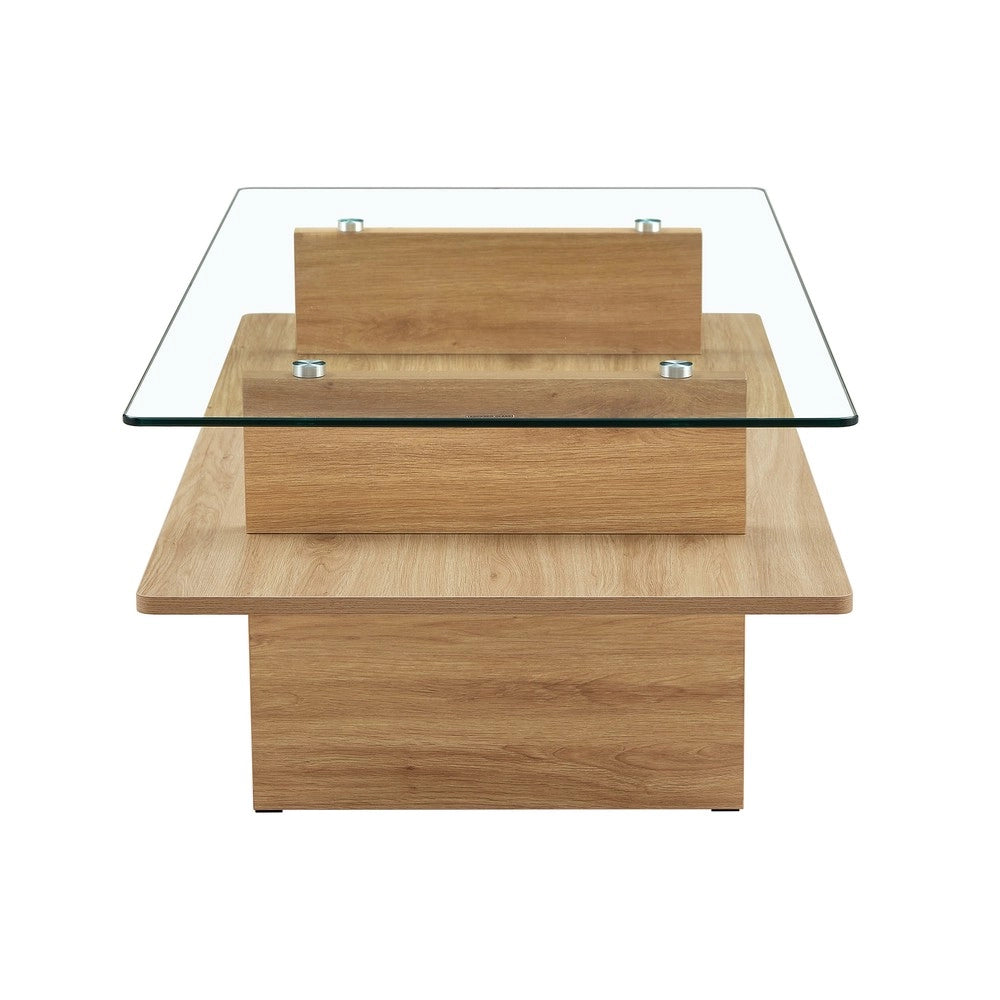 Tavolino da Caff¨¨ Doppio Piano ¨C MINIMAL ¨C Vetro Temperato e MDF, Finitura Legno Naturale, Moderno