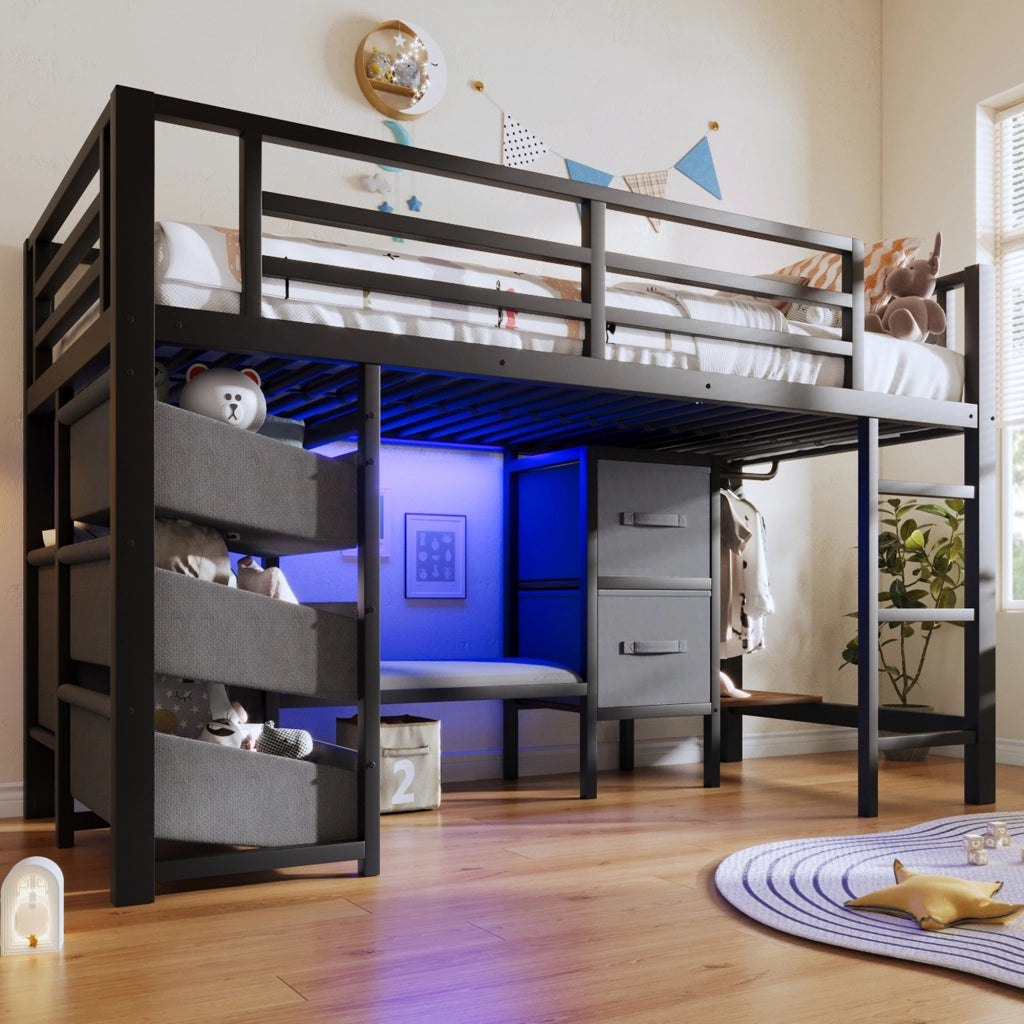 Letto semi-alto in metallo con cuscino, cassetti e LED, 90x200 cm, nero