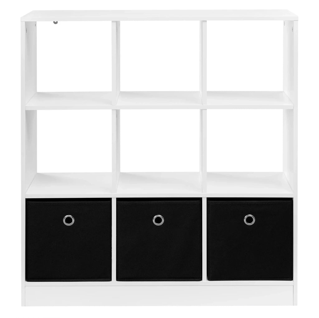Libreria a Cubi Moderna in Legno E1 con 3 Cassetti in Tessuto, Bianco e Nero, 80x86,5x30 cm