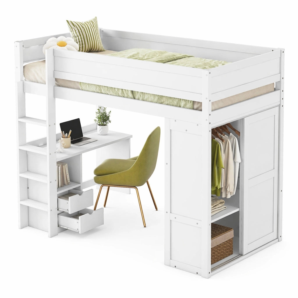 Letto a soppalco 90x200 cm bianco con scrivania, armadio e cassetti