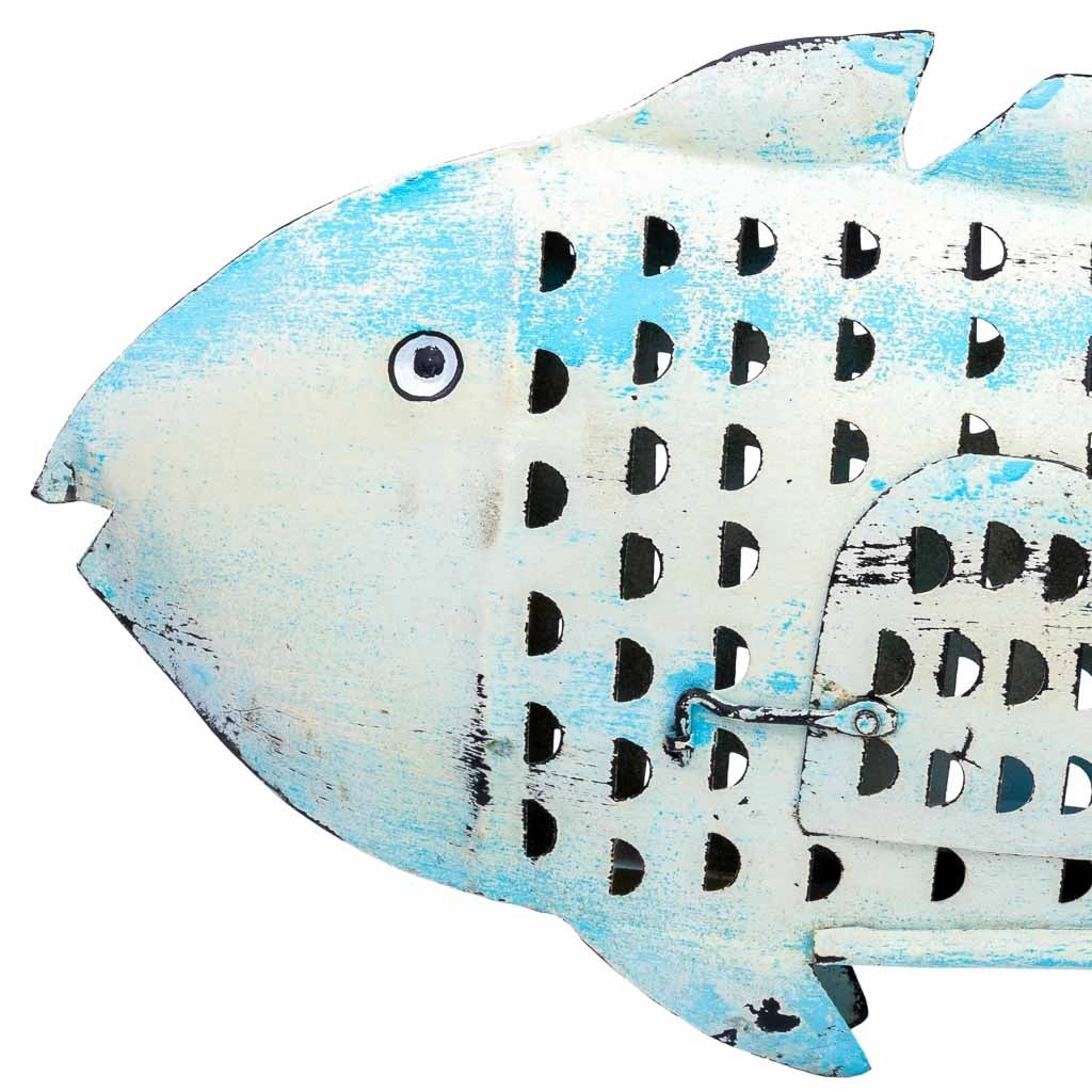 Portacandele pesce in metallo invecchiato blu 60x10x28h cm