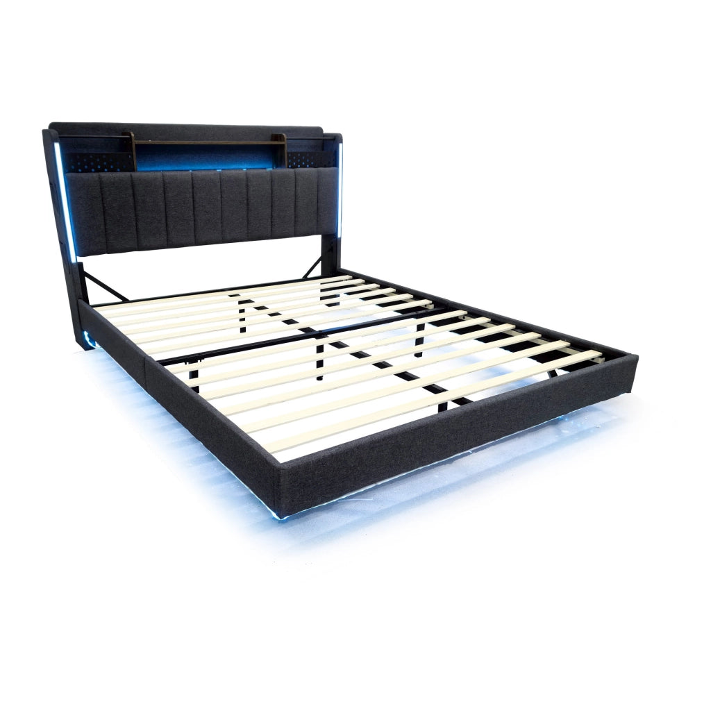 Letto imbottito 160x200 con LED, USB e testiera contenitore