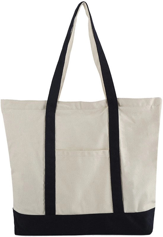 Set di 1 pezzo di borsa in tela con tas esterno, borsa riutilizzabile per spesa, chiusura a cerniera superiore, articoli di uso quotidiano (nero/natura, 1-set)