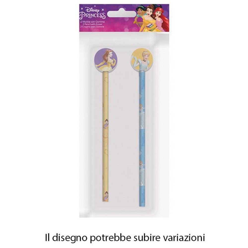 Trade Shop - Kit 2pz Matite Con Gomma Rotonda Grafica Principesse Per Disegno Scuola Bambine 960788 -