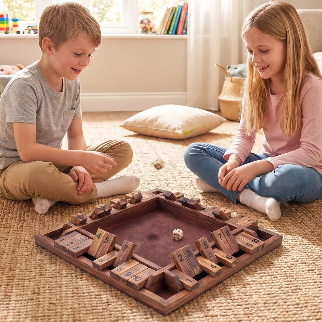 Gioco matematico chiudi la scatola per 2-4 giocatori, Gioco da tavolo in legno a 4 lati con 2 dadi Marrone